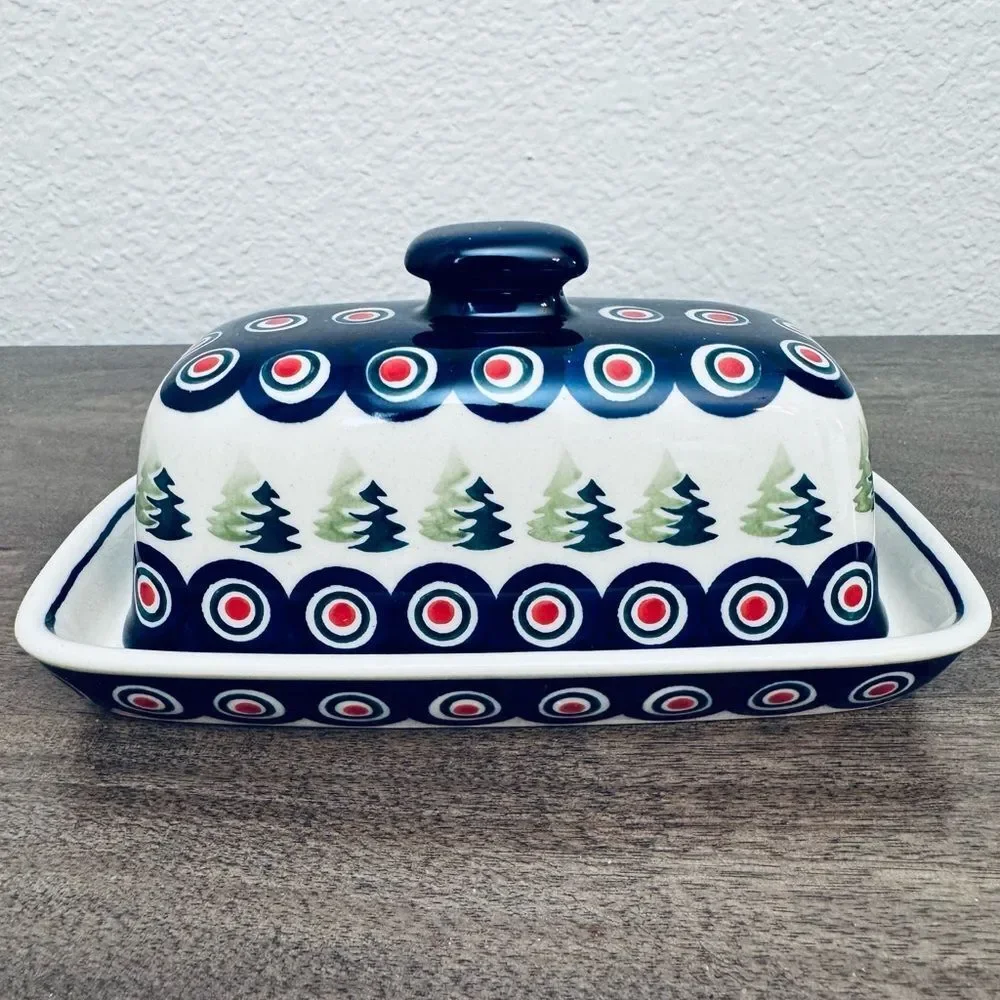 Polish Pottery Boleslawiec Christmas Peacock Circles Holiday Butter Dish